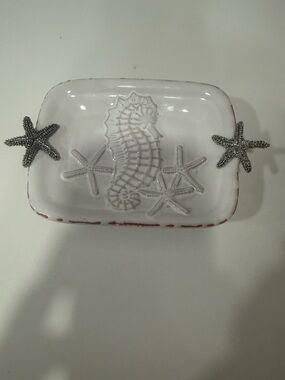 Mudpie Seahorse Soap Dish Handcrafted Silver Starfish & Antique White w/Brown 6"